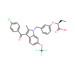 CC[C@H](Oc1cccc(Cn2c(C)c(C(=O)c3ccc(Cl)cc3)c3ccc(OC(F)(F)F)cc32)c1)C(=O)O ZINC000043009976