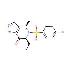 CC[C@H]1C(=O)c2[nH]ncc2[C@@H](CC)N1S(=O)(=O)c1ccc(Cl)cc1 ZINC000049036281