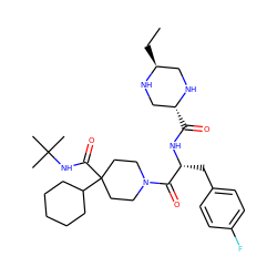 CC[C@H]1CN[C@H](C(=O)N[C@H](Cc2ccc(F)cc2)C(=O)N2CCC(C(=O)NC(C)(C)C)(C3CCCCC3)CC2)CN1 ZINC000028477935