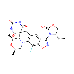 CC[C@H]1COC(=O)N1c1noc2c(F)c3c(cc12)CC1(C(=O)NC(=O)NC1=O)[C@H]1[C@H](C)O[C@H](C)CN31 ZINC000145823370