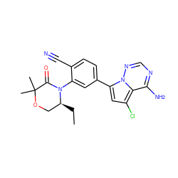 CC[C@H]1COC(C)(C)C(=O)N1c1cc(-c2cc(Cl)c3c(N)ncnn23)ccc1C#N ZINC001772644909