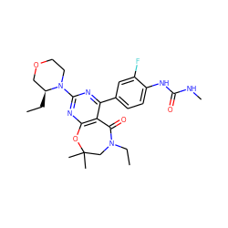 CC[C@H]1COCCN1c1nc2c(c(-c3ccc(NC(=O)NC)c(F)c3)n1)C(=O)N(CC)CC(C)(C)O2 ZINC000225312047