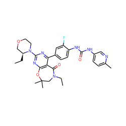 CC[C@H]1COCCN1c1nc2c(c(-c3ccc(NC(=O)Nc4ccc(C)nc4)c(F)c3)n1)C(=O)N(CC)CC(C)(C)O2 ZINC000142190902