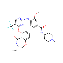 CC[C@H]1COc2cccc(Oc3nc(Nc4ccc(C(=O)NC5CCN(C)CC5)cc4OC)ncc3C(F)(F)F)c2C(=O)N1 ZINC000146239252