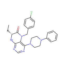 CC[C@H]1Nc2ncnc(N3CCN(c4ccccc4)CC3)c2N(Cc2ccc(Cl)cc2)C1=O ZINC000036382400