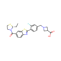 CC[C@H]1SCCN1C(=O)c1ccc2nc(-c3ccc(CN4CC(C(=O)O)C4)cc3F)sc2c1 ZINC000073161639