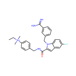 CC[N+](C)(C)c1ccc(CNC(=O)c2cc3cc(F)ccc3n2Cc2cccc(C(=N)N)c2)cc1 ZINC000013474314