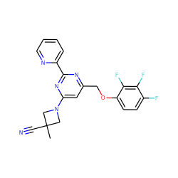 CC1(C#N)CN(c2cc(COc3ccc(F)c(F)c3F)nc(-c3ccccn3)n2)C1 ZINC000653784840