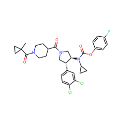 CC1(C(=O)N2CCC(C(=O)N3C[C@@H](N(C(=O)Oc4ccc(F)cc4)C4CC4)[C@H](c4ccc(Cl)c(Cl)c4)C3)CC2)CC1 ZINC000117713729