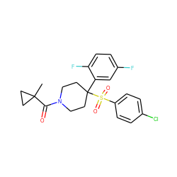 CC1(C(=O)N2CCC(c3cc(F)ccc3F)(S(=O)(=O)c3ccc(Cl)cc3)CC2)CC1 ZINC000084586997