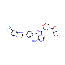 CC1(C(=O)N2CCO[C@@H](c3nc(-c4ccc(C(=O)Nc5cc(C(F)(F)F)ccn5)cc4)c4c(N)nccn34)C2)COC1 ZINC000208550013