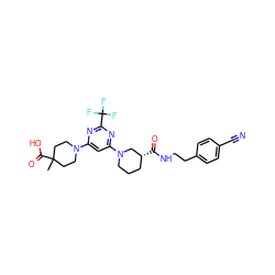 CC1(C(=O)O)CCN(c2cc(N3CCC[C@@H](C(=O)NCCc4ccc(C#N)cc4)C3)nc(C(F)(F)F)n2)CC1 ZINC000169310253