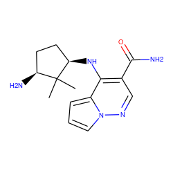 CC1(C)[C@@H](N)CC[C@H]1Nc1c(C(N)=O)cnn2cccc12 ZINC000203819570