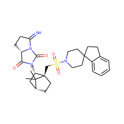 CC1(C)[C@@H]2CC[C@@]1(CS(=O)(=O)N1CCC3(CCc4ccccc43)CC1)[C@@H](N1C(=O)[C@@H]3CCC(=N)N3C1=O)C2 ZINC000027328670