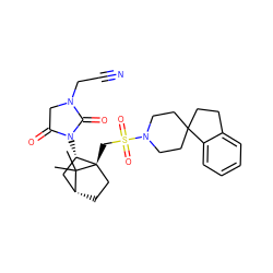 CC1(C)[C@@H]2CC[C@@]1(CS(=O)(=O)N1CCC3(CCc4ccccc43)CC1)[C@@H](N1C(=O)CN(CC#N)C1=O)C2 ZINC000027313385