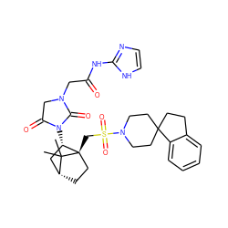 CC1(C)[C@@H]2CC[C@@]1(CS(=O)(=O)N1CCC3(CCc4ccccc43)CC1)[C@@H](N1C(=O)CN(CC(=O)Nc3ncc[nH]3)C1=O)C2 ZINC000027316059