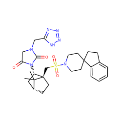 CC1(C)[C@@H]2CC[C@@]1(CS(=O)(=O)N1CCC3(CCc4ccccc43)CC1)[C@@H](N1C(=O)CN(Cc3nnn[nH]3)C1=O)C2 ZINC000027318836