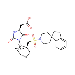 CC1(C)[C@@H]2CC[C@@]1(CS(=O)(=O)N1CCC3(CCc4ccccc43)CC1)[C@@H](N1C(=O)N[C@@H](CC(=O)O)C1=O)C2 ZINC000027317894