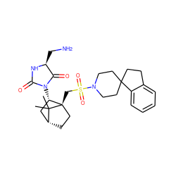 CC1(C)[C@@H]2CC[C@@]1(CS(=O)(=O)N1CCC3(CCc4ccccc43)CC1)[C@@H](N1C(=O)N[C@@H](CN)C1=O)C2 ZINC000027325765