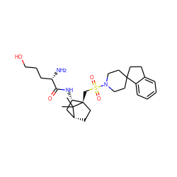 CC1(C)[C@@H]2CC[C@@]1(CS(=O)(=O)N1CCC3(CCc4ccccc43)CC1)[C@@H](NC(=O)[C@@H](N)CCCO)C2 ZINC000027320925