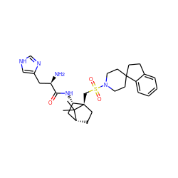 CC1(C)[C@@H]2CC[C@@]1(CS(=O)(=O)N1CCC3(CCc4ccccc43)CC1)[C@@H](NC(=O)[C@H](N)Cc1c[nH]cn1)C2 ZINC000027313820