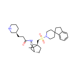 CC1(C)[C@@H]2CC[C@@]1(CS(=O)(=O)N1CCC3(CCc4ccccc43)CC1)[C@@H](NC(=O)CC[C@@H]1CCCNC1)C2 ZINC000027318042