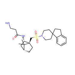 CC1(C)[C@@H]2CC[C@@]1(CS(=O)(=O)N1CCC3(CCc4ccccc43)CC1)[C@@H](NC(=O)CCN)C2 ZINC000027317943