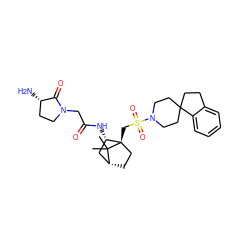 CC1(C)[C@@H]2CC[C@@]1(CS(=O)(=O)N1CCC3(CCc4ccccc43)CC1)[C@@H](NC(=O)CN1CC[C@H](N)C1=O)C2 ZINC000027319558