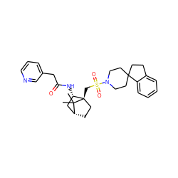 CC1(C)[C@@H]2CC[C@@]1(CS(=O)(=O)N1CCC3(CCc4ccccc43)CC1)[C@@H](NC(=O)Cc1cccnc1)C2 ZINC000027314286