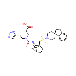 CC1(C)[C@@H]2CC[C@@]1(CS(=O)(=O)N1CCC3(CCc4ccccc43)CC1)[C@@H](NC(=O)N(CCC(=O)O)CCc1cnc[nH]1)C2 ZINC000027314279