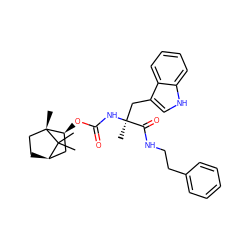 CC1(C)[C@@H]2CC[C@]1(C)[C@@H](OC(=O)N[C@@](C)(Cc1c[nH]c3ccccc13)C(=O)NCCc1ccccc1)C2 ZINC000253691769