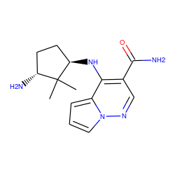 CC1(C)[C@H](N)CC[C@H]1Nc1c(C(N)=O)cnn2cccc12 ZINC000203814888