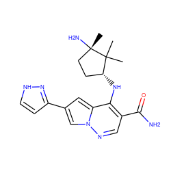 CC1(C)[C@H](Nc2c(C(N)=O)cnn3cc(-c4cc[nH]n4)cc23)CC[C@]1(C)N ZINC001772637267