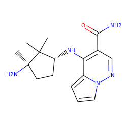 CC1(C)[C@H](Nc2c(C(N)=O)cnn3cccc23)CC[C@@]1(C)N ZINC000203805289