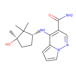 CC1(C)[C@H](Nc2c(C(N)=O)cnn3cccc23)CC[C@@]1(C)O ZINC000299822884