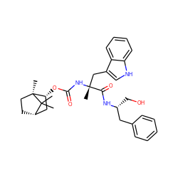 CC1(C)[C@H]2CC[C@@]1(C)[C@H](OC(=O)N[C@](C)(Cc1c[nH]c3ccccc13)C(=O)N[C@H](CO)Cc1ccccc1)C2 ZINC000100795494