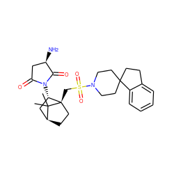 CC1(C)[C@H]2CC[C@@]1(CS(=O)(=O)N1CCC3(CCc4ccccc43)CC1)[C@@H](N1C(=O)C[C@@H](N)C1=O)C2 ZINC000100014338