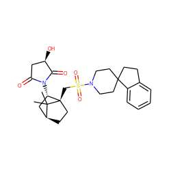 CC1(C)[C@H]2CC[C@@]1(CS(=O)(=O)N1CCC3(CCc4ccccc43)CC1)[C@@H](N1C(=O)C[C@@H](O)C1=O)C2 ZINC000100014365