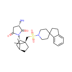 CC1(C)[C@H]2CC[C@@]1(CS(=O)(=O)N1CCC3(CCc4ccccc43)CC1)[C@@H](N1C(=O)C[C@H](N)C1=O)C2 ZINC000100014264