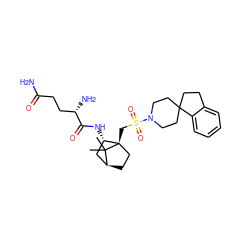 CC1(C)[C@H]2CC[C@@]1(CS(=O)(=O)N1CCC3(CCc4ccccc43)CC1)[C@@H](NC(=O)[C@@H](N)CCC(N)=O)C2 ZINC000100740482