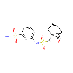 CC1(C)[C@H]2CC[C@]1(CS(=O)(=O)Nc1cccc(S(N)(=O)=O)c1)C(=O)C2 ZINC000004332839