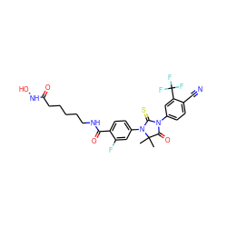 CC1(C)C(=O)N(c2ccc(C#N)c(C(F)(F)F)c2)C(=S)N1c1ccc(C(=O)NCCCCCC(=O)NO)c(F)c1 ZINC001772575108