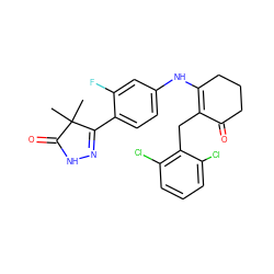 CC1(C)C(=O)NN=C1c1ccc(NC2=C(Cc3c(Cl)cccc3Cl)C(=O)CCC2)cc1F ZINC000013587321