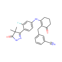 CC1(C)C(=O)NN=C1c1ccc(NC2=C(Cc3cccc(C#N)c3)C(=O)CCC2)cc1F ZINC000013587318