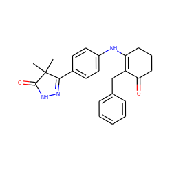 CC1(C)C(=O)NN=C1c1ccc(NC2=C(Cc3ccccc3)C(=O)CCC2)cc1 ZINC000013587314