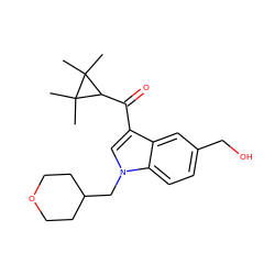 CC1(C)C(C(=O)c2cn(CC3CCOCC3)c3ccc(CO)cc23)C1(C)C ZINC000014975862