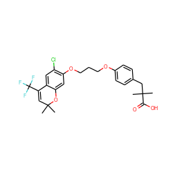 CC1(C)C=C(C(F)(F)F)c2cc(Cl)c(OCCCOc3ccc(CC(C)(C)C(=O)O)cc3)cc2O1 ZINC000043103317