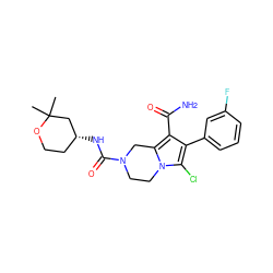 CC1(C)C[C@H](NC(=O)N2CCn3c(Cl)c(-c4cccc(F)c4)c(C(N)=O)c3C2)CCO1 ZINC000223386277