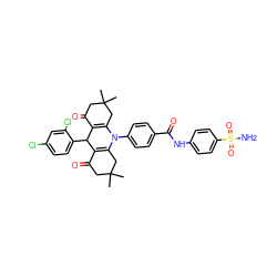 CC1(C)CC(=O)C2=C(C1)N(c1ccc(C(=O)Nc3ccc(S(N)(=O)=O)cc3)cc1)C1=C(C(=O)CC(C)(C)C1)C2c1ccc(Cl)cc1Cl ZINC000096910928