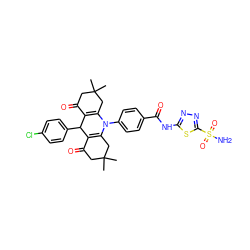 CC1(C)CC(=O)C2=C(C1)N(c1ccc(C(=O)Nc3nnc(S(N)(=O)=O)s3)cc1)C1=C(C(=O)CC(C)(C)C1)C2c1ccc(Cl)cc1 ZINC000653907659